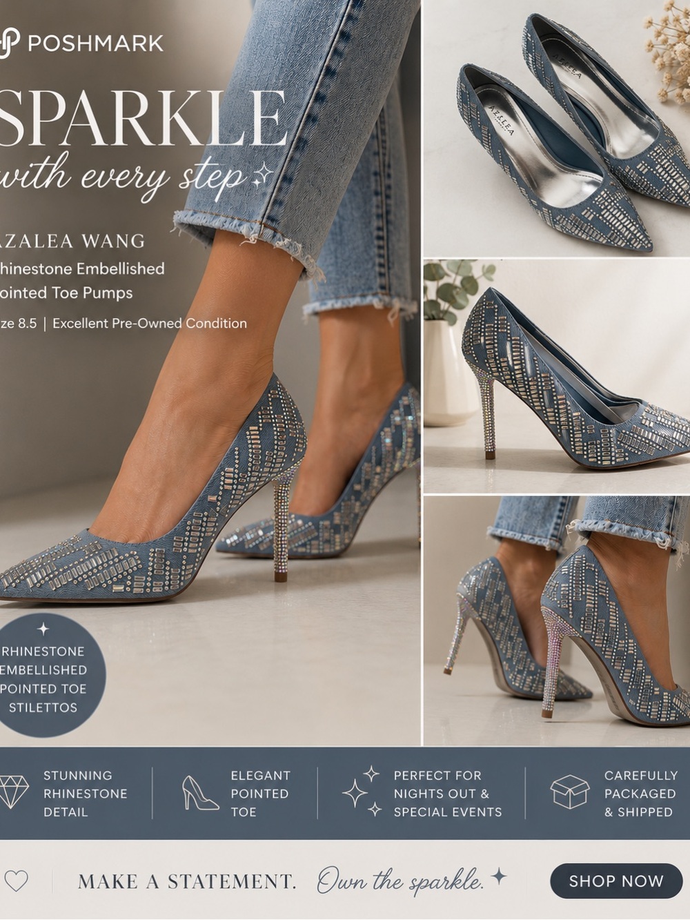 Denim Blue Rhinestone Embellished Pointed Toe Pumps